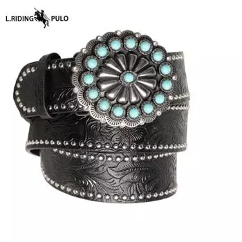 Винтажный ремень с гладкой пряжкой, инкрустированный сапфирами, тисненый мужской и женский ремень, богемный этнический ремень 110cm чёрный