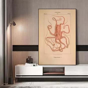 Винтажный рисунок кальмара, холст, картина, настенная живопись, древнее существо, постеры с осьминогом и принты для гостиной, декор для крыльца, Cuadros 21cm30cm NoFrame