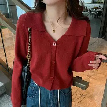 Винтажный роскошный вязаный кардиган с длинным рукавом, однотонный эластичный топ, свободный свитер, поло с большим лацканом, корейская мода, короткие пальто, высококачественная осенняя куртка one size чёрный