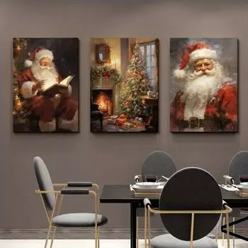 Винтажный рождественский постер без рамки настенный художественный холст постер Санта сосна снеговики S