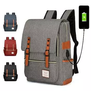 Винтажный рюкзак для ноутбука, школьная сумка для колледжа с USB-портом чёрный