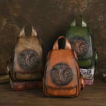 Винтажный рюкзак Johnature с тиснением Тотема, универсальная женская кожаная сумка, дорожные рюкзаки большой вместимости коричневый