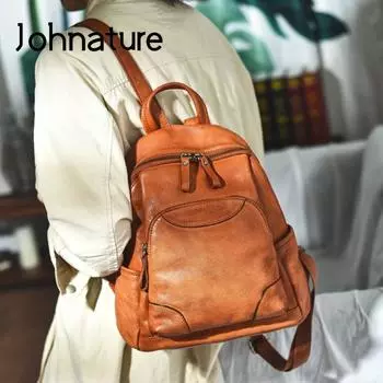 Винтажный рюкзак Johnature, женская сумка из натуральной кожи, большая вместительная сумка ручной работы из натуральной яловой кожи, дорожные сумки коричневый