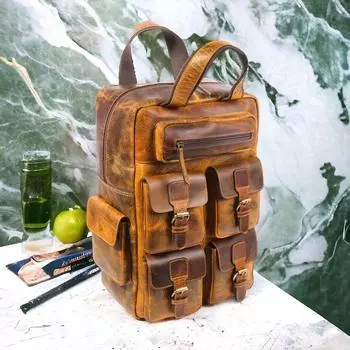 Винтажный рюкзак ручной работы из 100% чистой кожи буйвола, дорожная сумка для колледжа 18 x 12 x 6 in коричневый