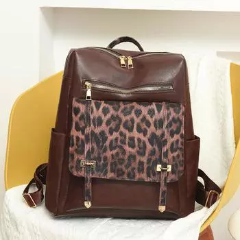 Винтажный рюкзак с леопардовым принтом, женская сумка через плечо, студенческий рюкзак коричневый