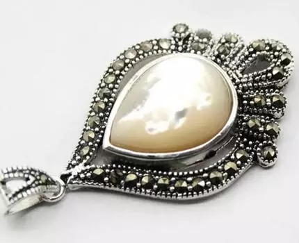 ВИНТАЖНЫЙ СЕРЕБРЯНЫЙ КУЛОН-КАПЛЯ 925 НАТУРАЛЬНАЯ БЕЛАЯ МОРСКАЯ РАКУШКА 40*20мм