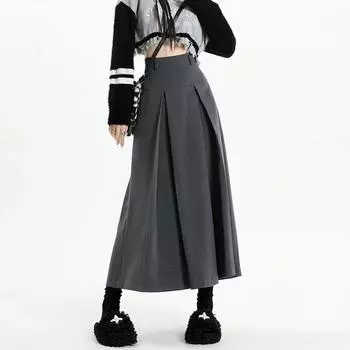 Винтажный серый костюм, юбка трапециевидной формы, женская весенне-осенняя плиссированная юбка-миди в студенческом стиле с высокой талией S чёрный