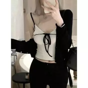 Винтажный сексуальный комплект из 2 предметов с бантом и кружевом, женский летний новый дизайн, шикарный тонкий костюм, женский модный черный вязаный кардиган + однотонные топы на бретелях S чёрный