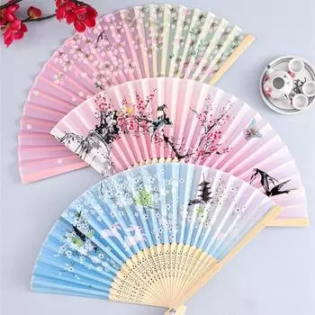 Винтажный шелковый складной веер, китайское японское искусство, ремесла, подарок, украшение для дома, танцевальный веер, бамбуковый декор для комнаты, деревянные веера
