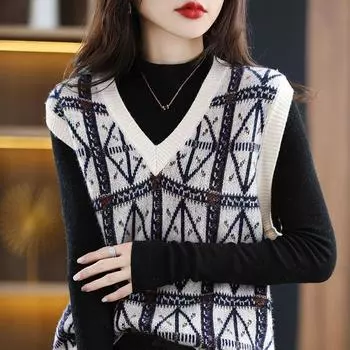 Винтажный шерстяной вязаный свитер, пуловер, майка, женский складной жилет, ромбовидный клетчатый свитер без рукавов с v-образным вырезом, пуловер, жилет, женские топы One Size синий