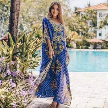 Винтажный шифоновый бикини с принтом, повседневный синий, с v-образным вырезом, с боковым разрезом, свободная длинная юбка, летние женские пляжные купальники, накидка One Size синий