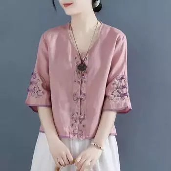 Винтажный шикарный вышитый узел пуговицы хлопковая рубашка женская летняя китайская свободная с коротким рукавом V-образный вырез топ XXXXL белый