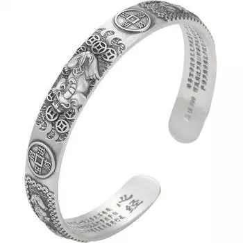 Винтажный широкий мужской браслет, индивидуальный нишевый браслет с шестью словами, правда, ручной работы, браслет Pixiu, рельефный браслет, китайский шикарный подарок на праздник Adjustable size