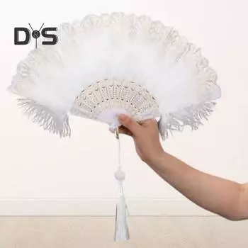 Винтажный складной веер с перьями и кружевом с кисточками, портативный летний ручной веер, украшение для танцевального представления, реквизит для костюмов для вечеринок красный