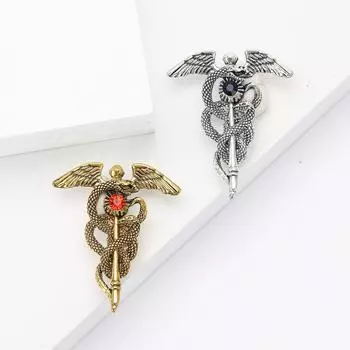 Винтажный сплав брошь в виде ангельских крыльев и посоха в виде змеи, новый креативный аксессуар для груди с цветком золотой