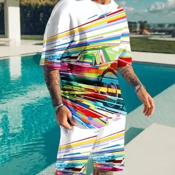 Винтажный спортивный костюм, футболка, шорты, комплект из 2 предметов в полоску, большой спортивный костюм с 3D принтом, повседневная одежда, уличная одежда, летний мужской комплект 4XL