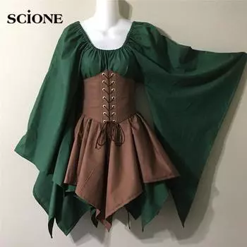 Винтажный средневековый костюм эпохи Возрождения, дворец Виктории, женский костюм на Хэллоуин, косплей с длинным рукавом, бандажное платье в стиле пэчворк, вечерние S