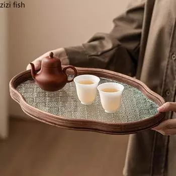 Винтажный стеклянный бамбуковый поднос для чая Поднос для фруктов Димсам Поднос для торта Цветок яблони Стеклянные подносы для хранения Бытовой контейнер для хранения