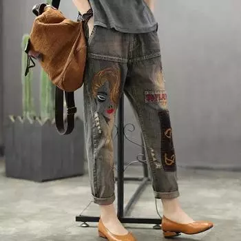 Винтажный стиль, джинсовые брюки с вышивкой, женские свободные джинсы-шаровары с высокой талией, женская уличная одежда, повседневные женские брюки, осень S
