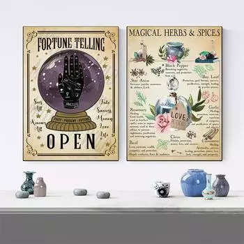 Винтажный стиль, гадалка, хрустальный шар, настенная картина на холсте, хиромантия, премиум-постеры, принты, волшебные травы, специи, фотографии 21x30cm No Framed