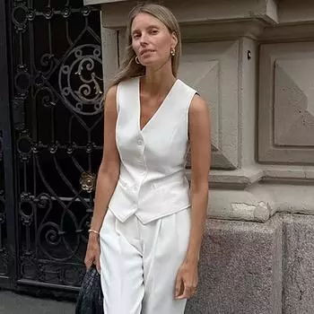 Винтажный стиль, модный однобортный короткий жилет с v-образным вырезом, офисный женский шикарный белый костюм без рукавов, деловой тонкий жилет, топы больших размеров L белый