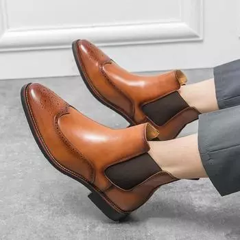 Винтажный стиль Мужские ботинки челси Удобные модные кожаные мужские ботильоны Универсальные деловые туфли-броги Повседневные ботинки без застежек 38