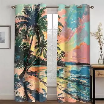 Винтажный стиль Пляжная сцена Шторы Пальма Береговая линия Подходит для спальни Гостиная Кухня Балкон Окно Декор 2 Панели 50W130H(CM)X2PCS&Grommet Top