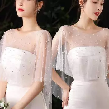 Винтажный стиль, прозрачный тюль, белое платье-накидка, аксессуары, свадебная шаль со стразами и жемчугом