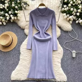 Винтажный стиль Vestidos Femme зимнее сексуальное ажурное платье с лацканами и длинным рукавом, облегающее трикотажное платье One Size бежевый