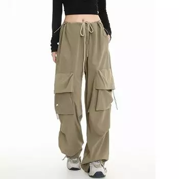 Винтажный стиль Высокая талия брюки карго женские однотонные большие карманы свободные женские спортивные брюки повседневные универсальные брюки женские летние широкие брюки S серый