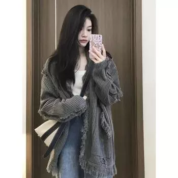 Винтажный свитер Harajuku Fashion Women s Джемпер Oversize Cardigans Корейская уличная одежда Новые вязаные серые свитера Осенний шик One Size серый