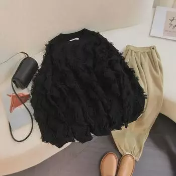 Винтажный свитер с кисточками: Женский свободный трикотажный топ на осень и зиму Medium белый