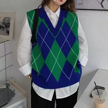 Винтажный свитер с v-образным вырезом, жилет, женский клетчатый вязаный свитер без рукавов большого размера, повседневный осенний опрятный стиль C-223 One Size чёрный