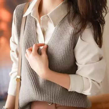 Винтажный свободный V-образный вырез вязаный свитер жилет женский осень зима без рукавов однотонный трикотажный жилет свитер элегантный повседневный женский жилет топы мода 23461 One Size серый