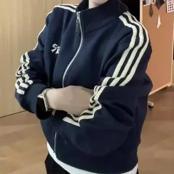 Винтажный темно-синий свитер-стойка, кардиган, женская осенне-зимняя маленькая короткая бейсбольная майка, свободная куртка на молнии S тёмно-синий