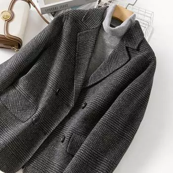 Винтажный темперамент клетчатый шерстяной пиджак 2024 осень двусторонний шерстяной пиджак женский костюм бутик женской одежды S