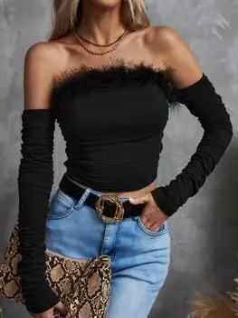 Винтажный топ без бретелек с длинным рукавом и открытой спиной, футболка с открытыми плечами, женская одежда Y2K XS чёрный