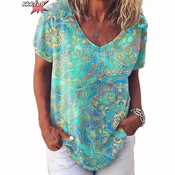 Винтажный топ с принтом, женская уличная одежда с короткими рукавами, летняя футболка, женская модная повседневная футболка с v-образным вырезом, женская одежда большого размера Y2k S