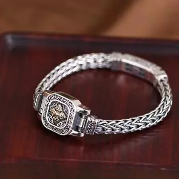 Винтажный трендовый плетеный браслет с бриллиантами и пестиковым узором в стиле мужского браслета 18CM серебряный