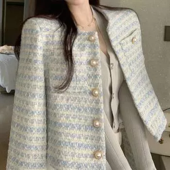 Винтажный твидовый пиджак, женское пальто с небольшим ароматом, лоскутное корейское шерстяное укороченное пальто, элегантная короткая верхняя одежда XS синий