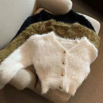 Винтажный укороченный мохеровый вязаный кардиган женский свитер с V-образным вырезом пальто уличная корейская черно-белая трикотажная одежда однотонные тонкие джемперы XS белый