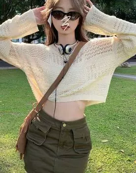 Винтажный укороченный свитер большого размера, женский Harajuku, сексуальный ажурный вязаный пуловер, летние повседневные солнцезащитные тонкие топы Y2K S бежевый