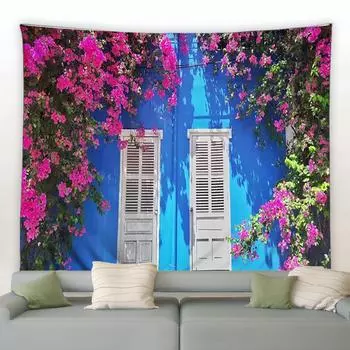 Винтажный уличный гобелен с природными цветочными растениями, настенный гобелен с каменной стеной, синяя деревянная дверь, цветочный гобелен, украшение для комнаты 100X75CM