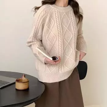 Винтажный утолщенный пуловер, женский осенне-зимний однотонный универсальный свободный вязаный свитер с круглым вырезом для верхней одежды One Size кофейный