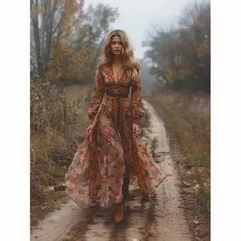 Винтажный узор напечатанный платье с высокой талией повседневное женское V-образный вырез плиссированное богемное осеннее с длинными рукавами плиссированное XXXL
