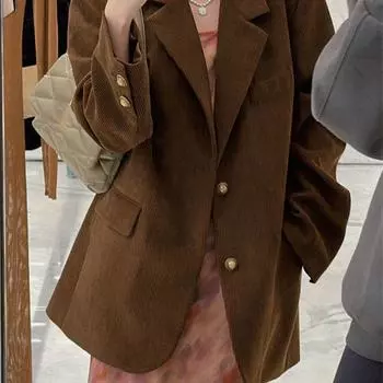 Винтажный вельветовый женский пиджак с зазубренным воротником, однобортный однотонный свободный пиджак, модная весна XS коричневый