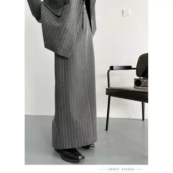 Винтажный весенне-осенний винтажный серый полосатый костюм с юбкой Dark gray overskirt M (about 50.00 kg-57.50 kg)