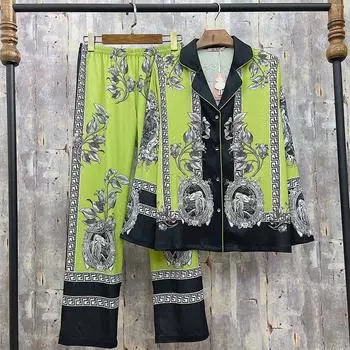 Винтажный весенний шелковый атласный пижамный комплект с принтом, женская пижама из 2 предметов, с длинным рукавом, роскошная зеленая пижама M
