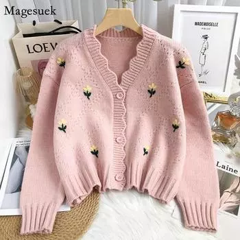 Винтажный вязаный кардиган с цветочной вышивкой, женский свитер с v-образным вырезом, осенне-зимний укороченный кардиган, женский однотонный трикотаж Y2K 23195 One Size бежевый