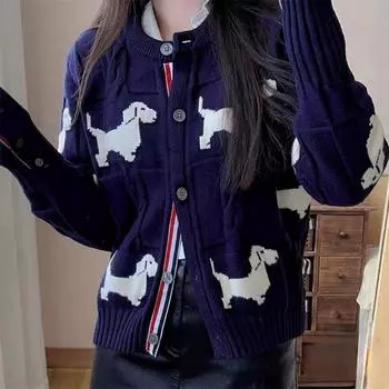 Винтажный вязаный кардиган с рисунком собаки, жаккардовый свитер, женский корейский модный однобортный трикотаж с длинными рукавами, топы Y2k, джемперы H-001 One Size бежевый